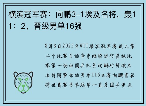 横滨冠军赛：向鹏3-1埃及名将，轰11：2，晋级男单16强